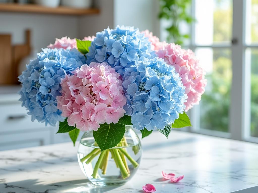 Bouquet d'hortensias roses et bleus sur table lumineuse.